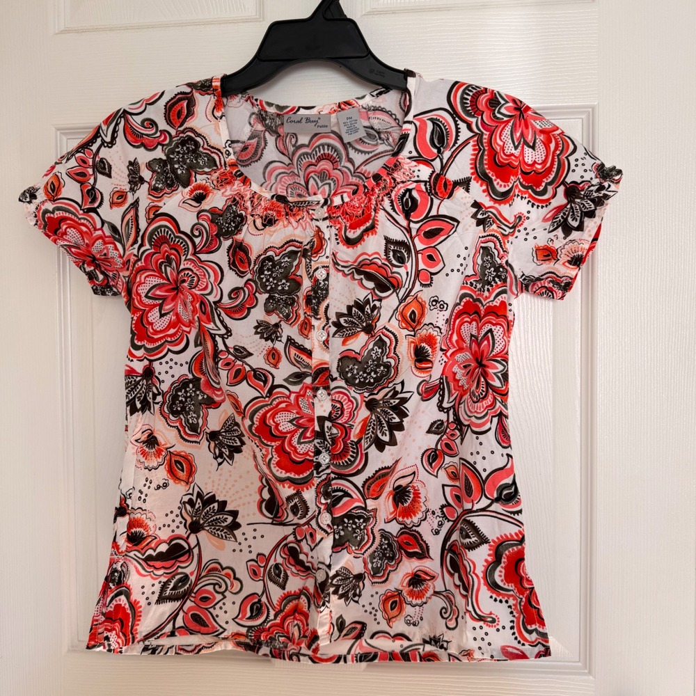 Coral Bay Petite Floral Paisley Button Up Top Red Orange Black PM